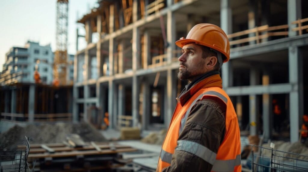 A construction worker in an orange hard hat and safety vest at a building site with cranes and scaffolding in the background.