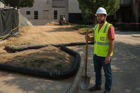A construction worker in a yellow safety vest and hard hat stands with a shovel on a construction site with earth-moving equipment in the background.
