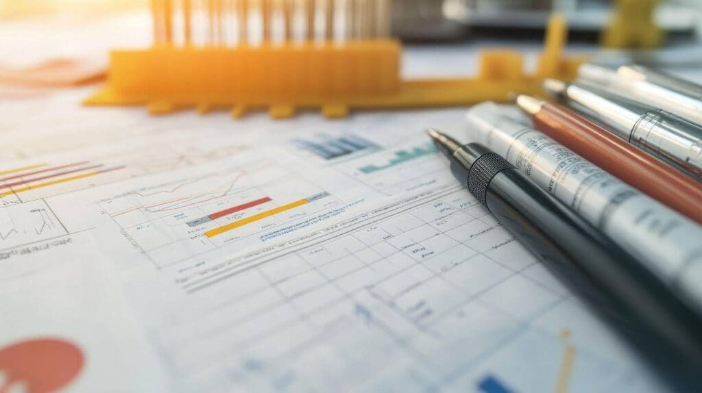 A desk with charts and graphs highlighting trends and statistics for analysis