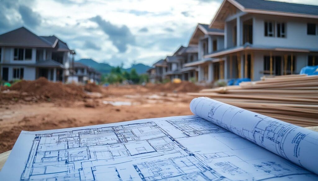 A detailed blueprint displayed with a construction site where several houses are being built