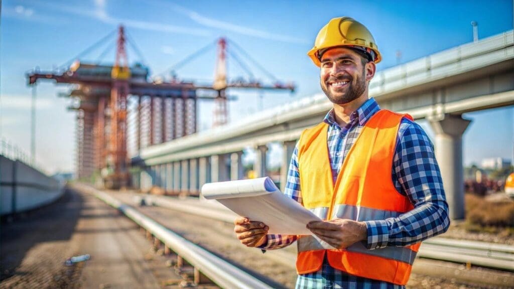 A man in an orange vest and hard hat holds a blueprint at a construction site