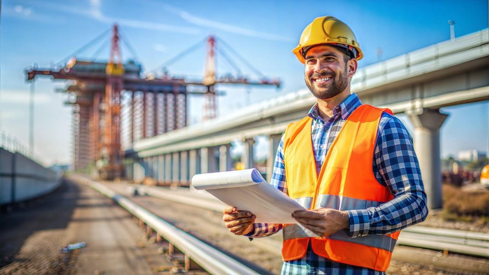 A man in an orange vest and hard hat holds a blueprint at a construction site