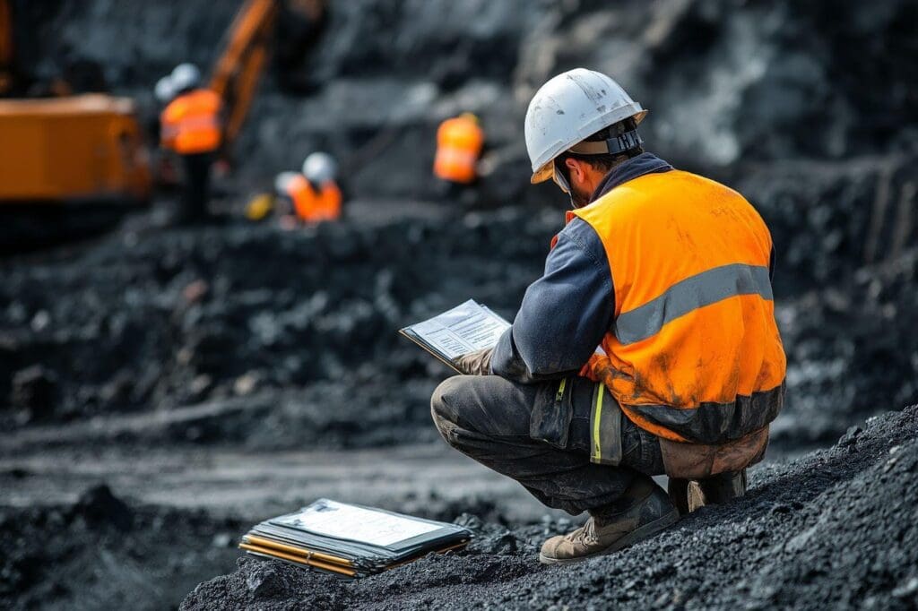 A man in an orange vest sits on the ground holding a clipboard and reviewing notes
