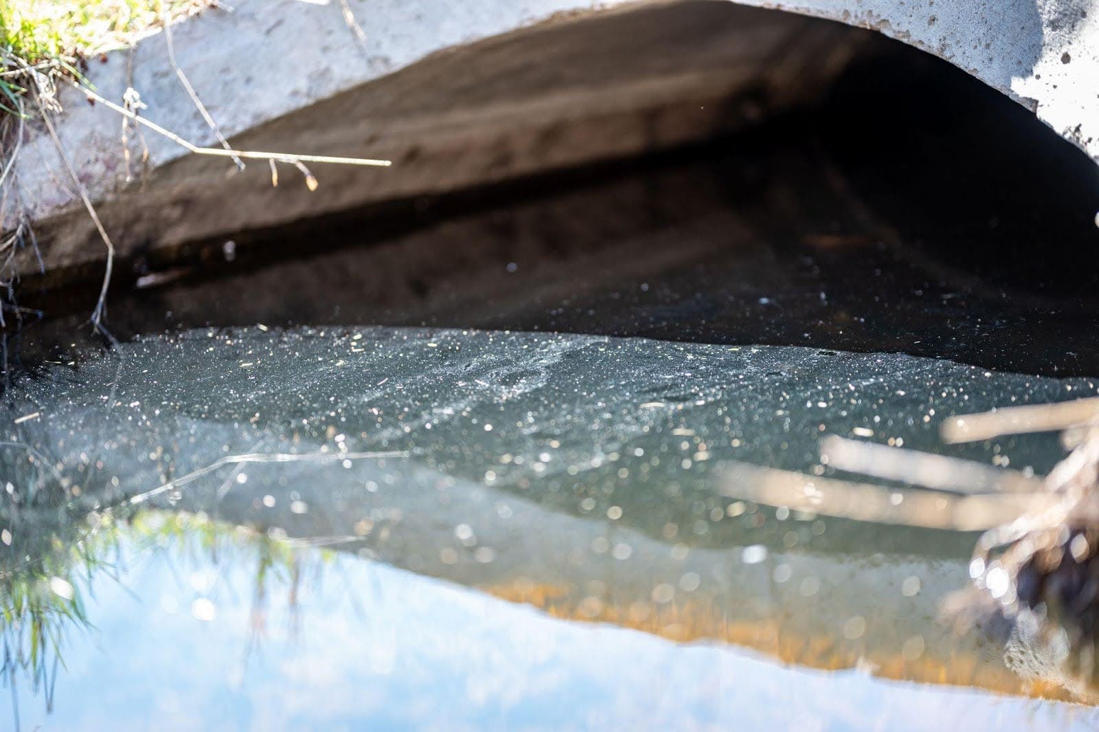 A water pipe in a stream with clear water and lush vegetation behind it