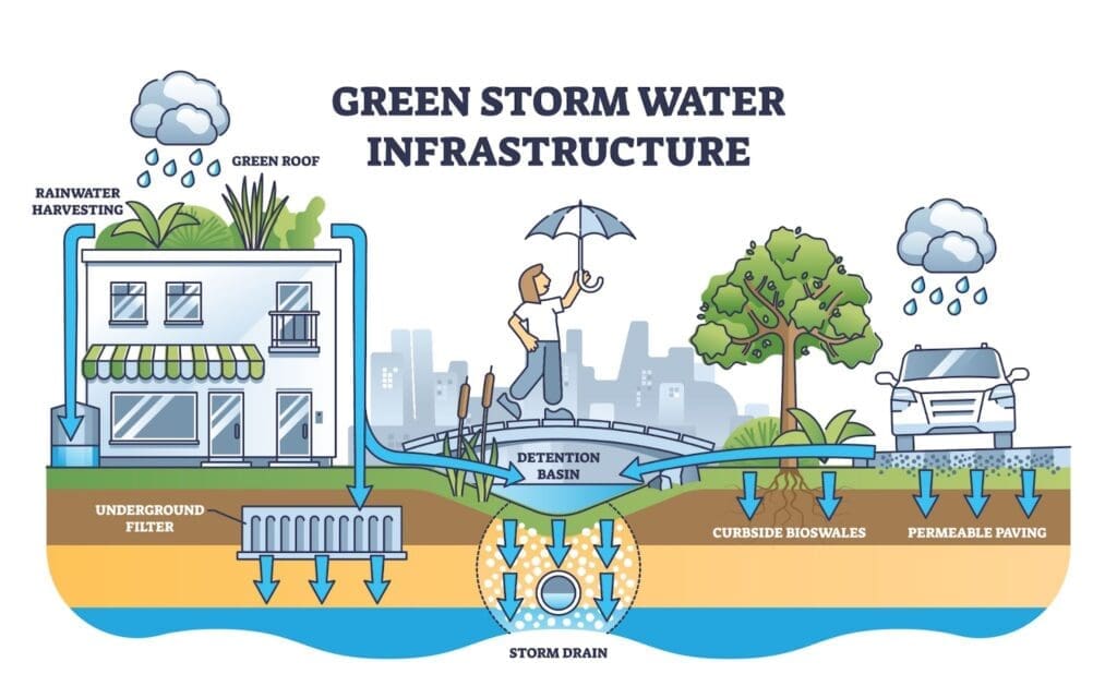 Diagram illustrating green storm water infrastructure with rainwater harvesting, green roofs, detention basins, curbside bioswales, permeable paving, underground filters, and storm drains.