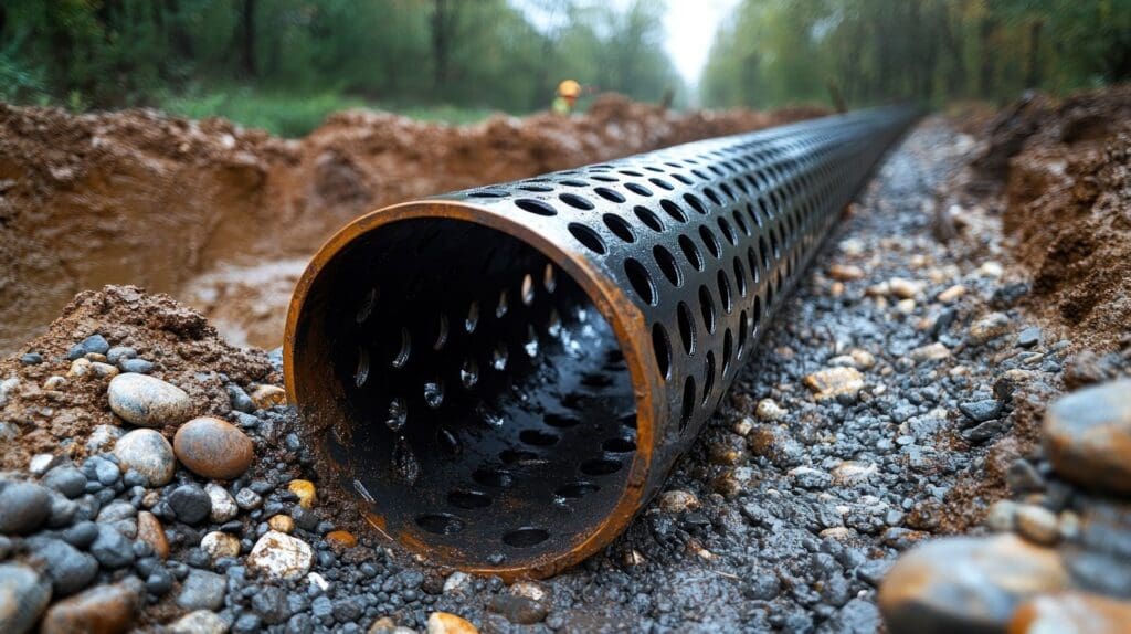 Photo of a perforated drainage pipe installed in a gravel-filled trench surrounded by soil and vegetation.