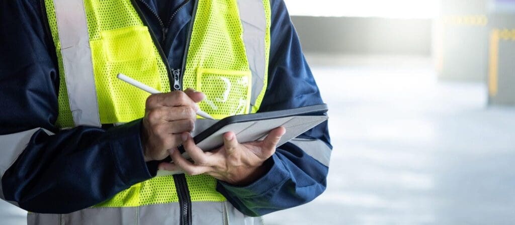 A man in a safety vest is focused on a tablet in a work environment