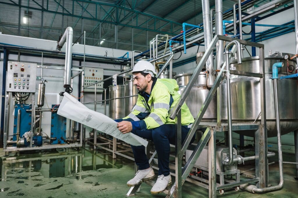 Technician engineer man sitting and holding blueprint of project in beverage plant