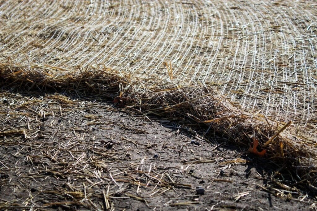 A round hay bale is positioned on the ground surrounded by grass in a rural setting