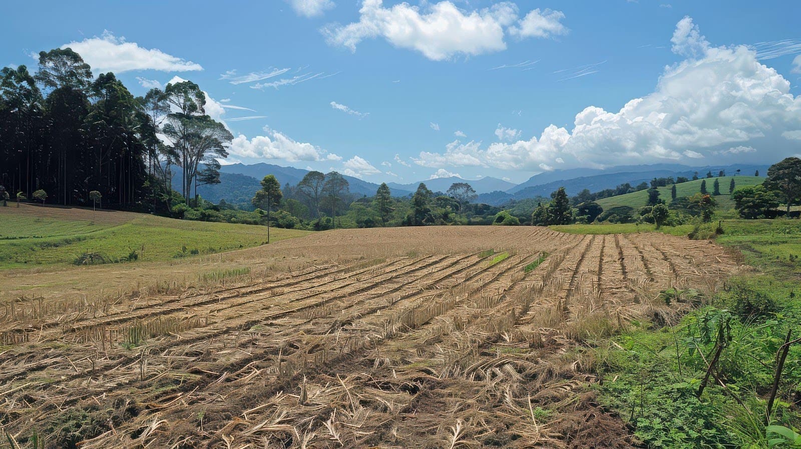 A tractor actively plowing a field to prepare for planting