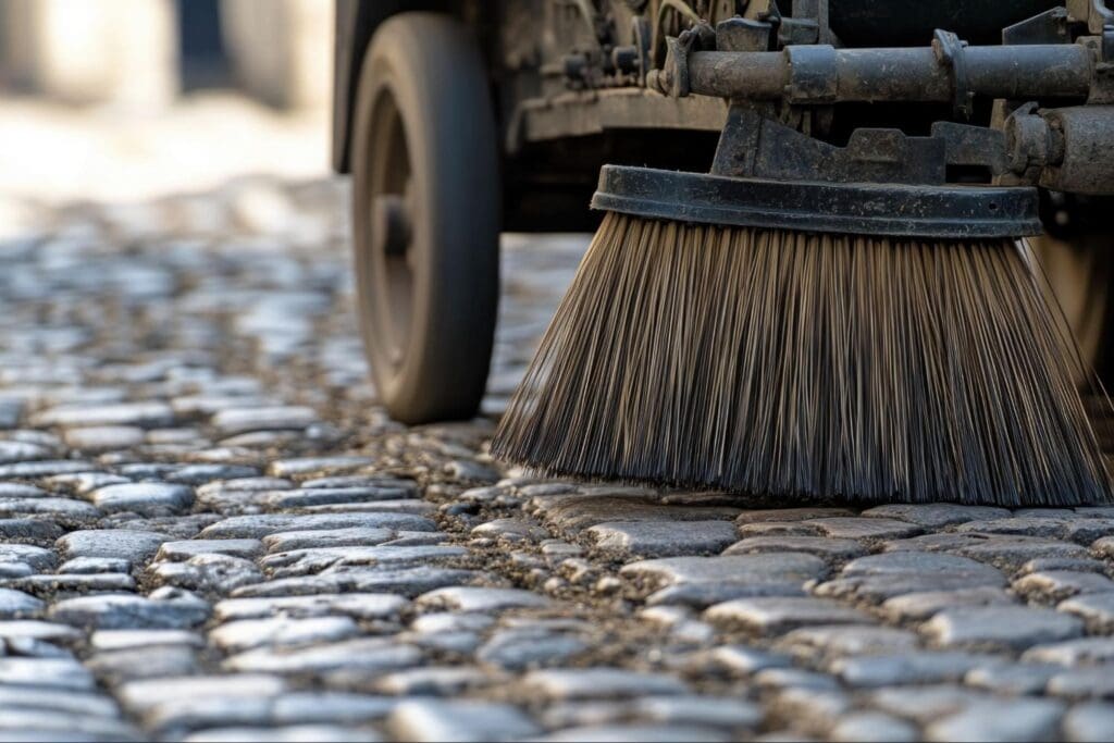Street sweeper brush cleaning a cobblestone road.